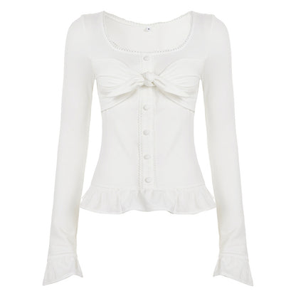 Sweet And Spicy Style With A U-neck And Ruffled Hem, Long-sleeved Design