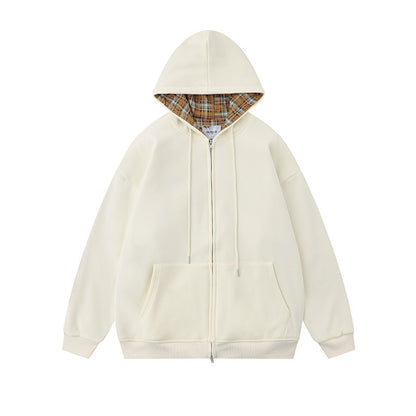 Street Plaid Cardigan Hoodie Loose-fitting Hooded Coat