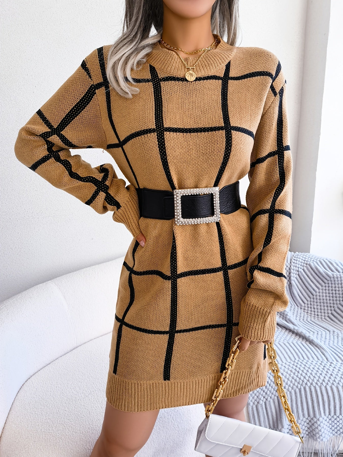Premium Color Block Plaid Sweater Dress - Women's Long Sleeve Casual Bodycon Dress