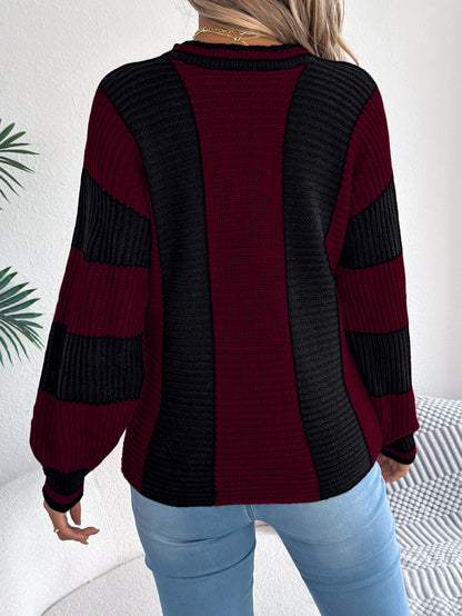 Women Casual Color Block Stripe Lantern Sleeve Pullover Sweater