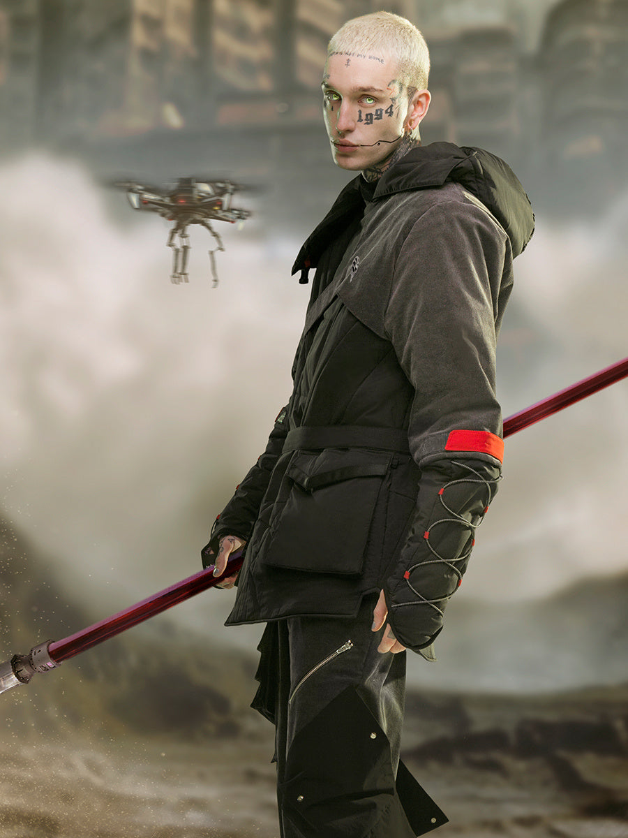 Mid-length Black Hooded Cotton Coat