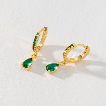1 Pair of Copper Inlaid Green Water Droplet Pendant Earrings, Retro and Elegant Synthetic Zircon Women's Earrings