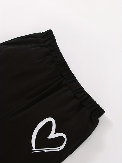 Girls' Fashion Set: Heart Print Round Neck Short Sleeve T-Shirt & Sweatpants 2pcs Casual Cotton Outfit, Perfect for Outdoor