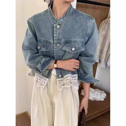 Retro Washed Small Stand Collar Lace Stitching Loose Casual Denim Coat Women's Short