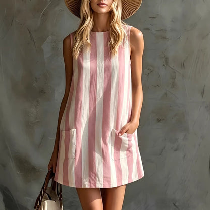 Women's Retro Striped Sleeveless Crew-Neck Cotton-Linen Mini Dress