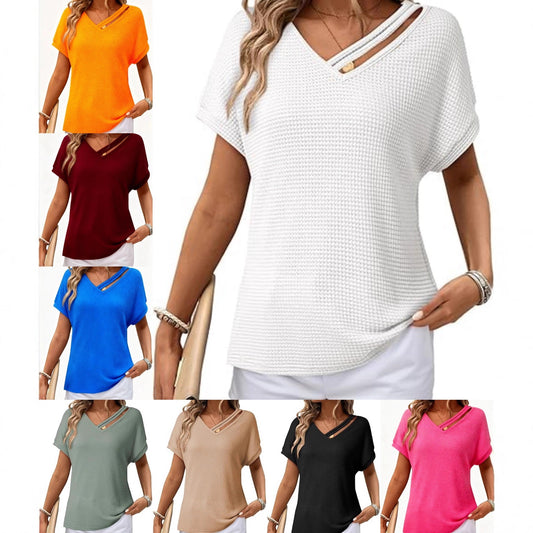 Waffle-knit Short-sleeve V-neck Women's Fashion Casual