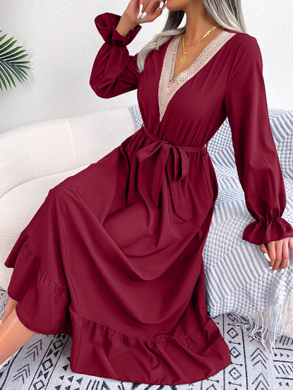 Women's Elegant V-Neck Lace Waist-Defined Hem Ruffle Maxi Dress