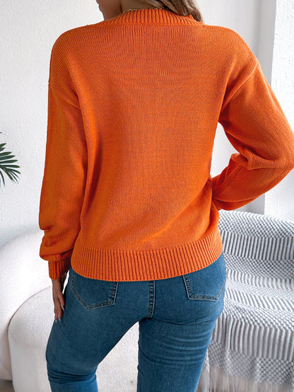 Women Solid Color Hollow Out Lantern Sleeve Pullover Sweater