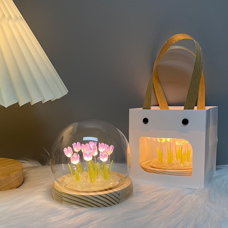 1pc Tulips Gifts For Women Flower Gifts For Her Gifts For Women Birthday Xmas Gift For Mom, Artificial Decor In Glass Dome With Led Light Night Light, Women Gifts For Her, Mom, Christmas Gift