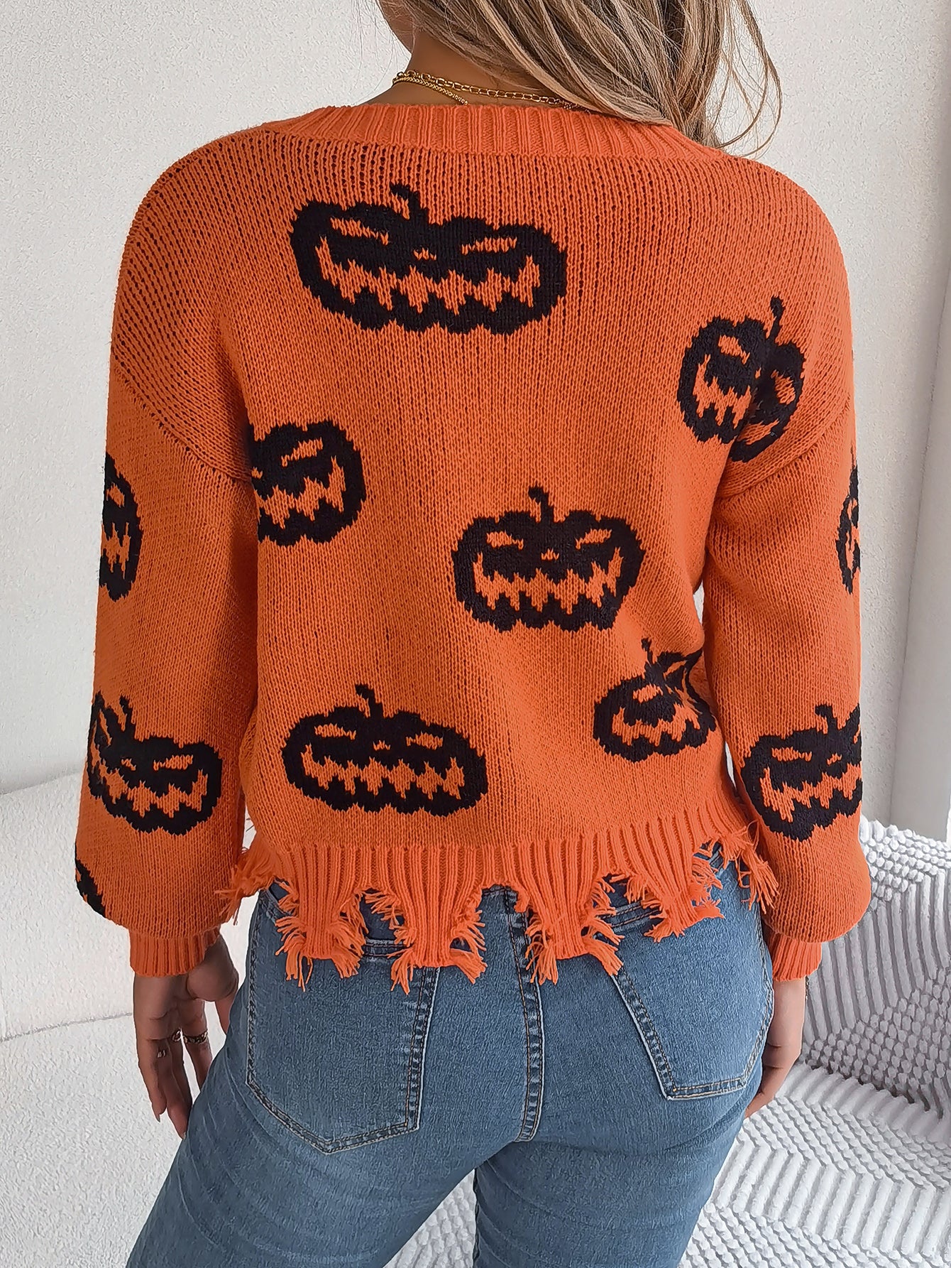 Women Color Block Pumpkin Distressed Long Sleeve Pullover Sweater