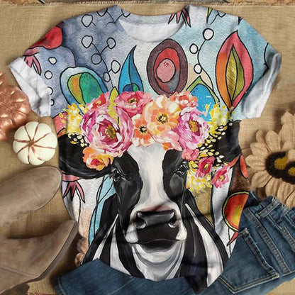 Fashionable Women's T-Shirt With Bull-Head Print Crew Neck And Short Sleeves