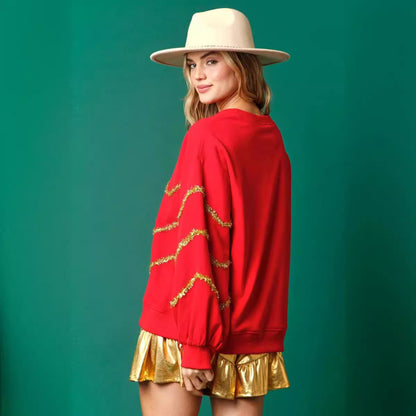 Women's Casual Loose-Fit Christmas Tree Sequin Long-Sleeve Hoodie