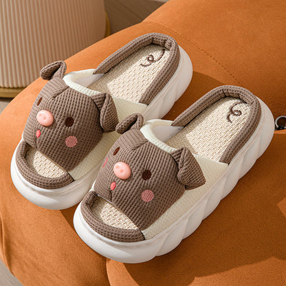 Cute Piggy Slippers Open Toe Linen Home Slipper Couples Women Men Cartoon Pig House Shoes