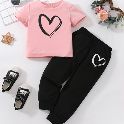 Girls' Fashion Set: Heart Print Round Neck Short Sleeve T-Shirt & Sweatpants 2pcs Casual Cotton Outfit, Perfect for Outdoor