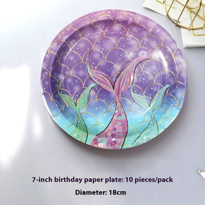 Mermaid Tail Theme Happy Birthday Paper Pallet Disposable Party Round Paper Pallet Suit Disposable Paper Cup