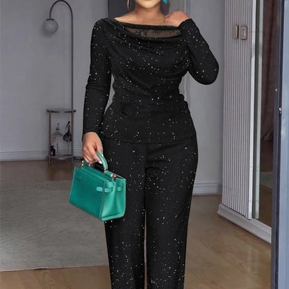 Lace Patchwork Long-sleeved Top With Wide-leg Pants Casual Two-piece Set