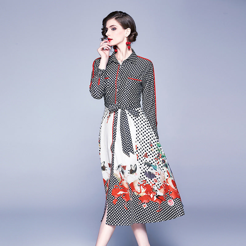 Fashion Printed Long-sleeved Waist Waist Mid-length Western-style Dress