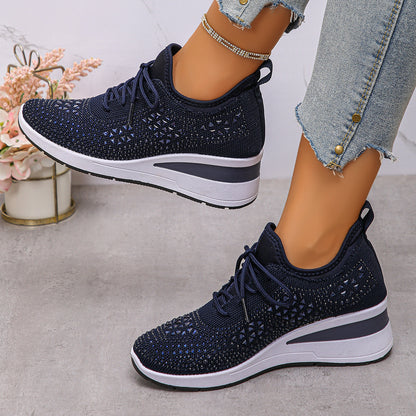 Ins Rhinestone Sneakers Fashion Lace Up Wedges Casual Shoes Women's Daily Commuting Sports Shoes
