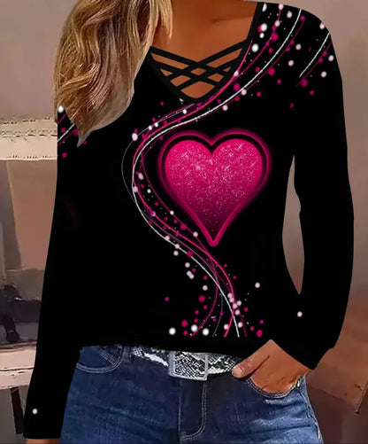Women's Casual Long Sleeve Top With A Heart Patterned V Neck