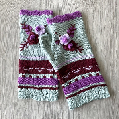 Handmade Crochet Fingerless Gloves - Vintage Embroidered Arm Warmers for Women