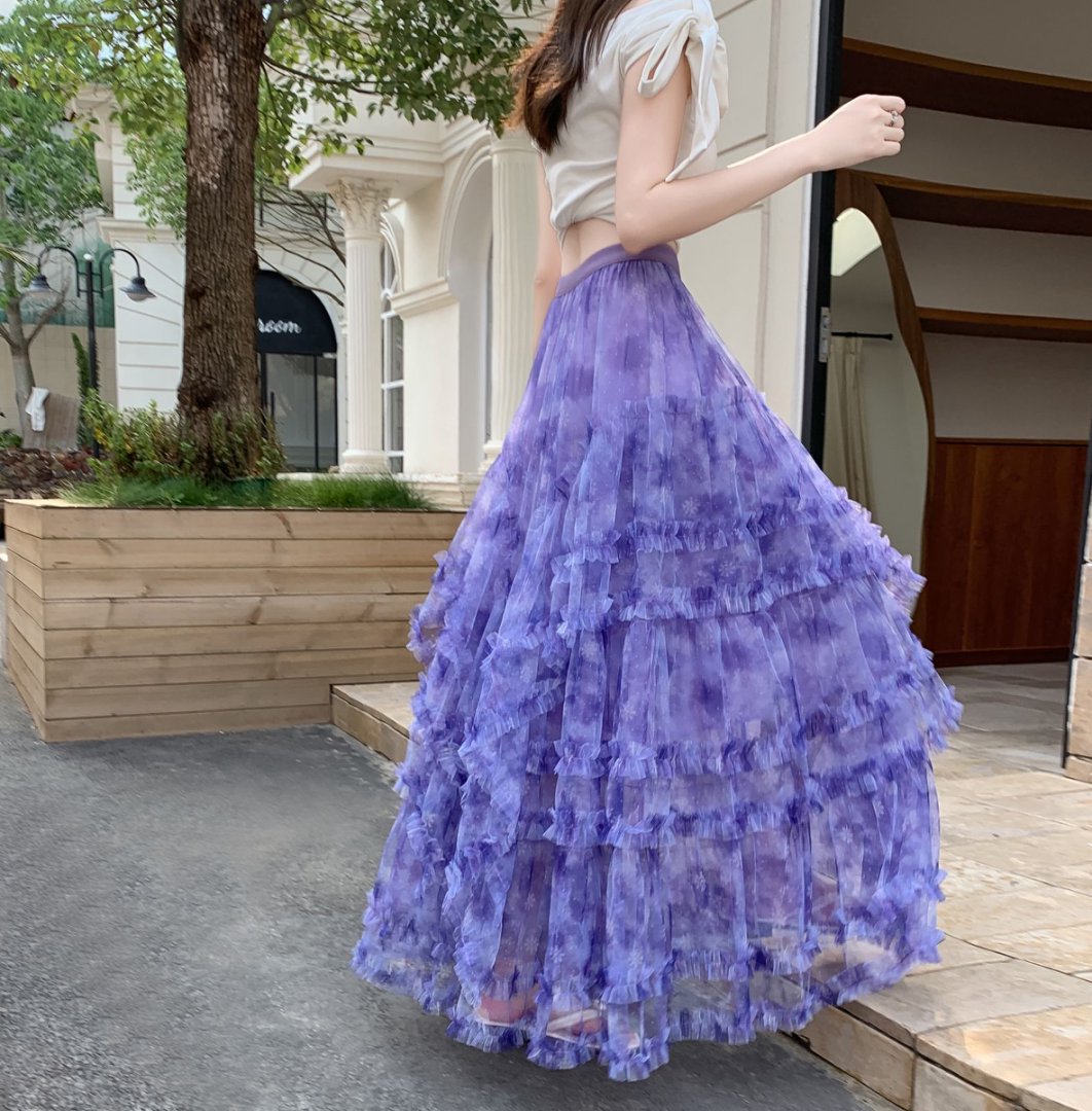 Sweet Floral Mesh Maxi Dress With Intricate Ruffle Detailing And Asymmetrical Hemversatile And Chic