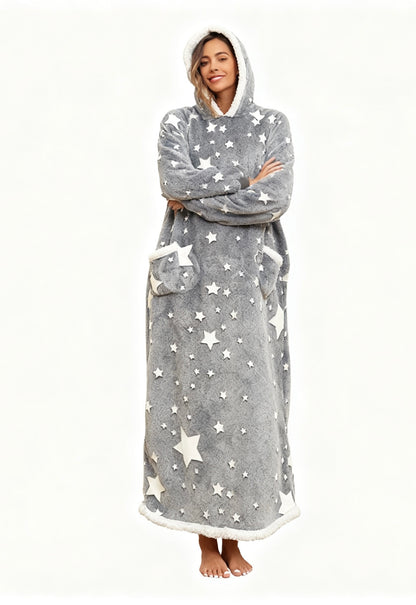 Oversized Wearable Hooded Blanket With Print Glow In The Dark Long Size Sherpa Warm Sweatshirt For Women