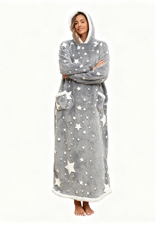Oversized Wearable Hooded Blanket With Print Glow In The Dark Long Size Sherpa Warm Sweatshirt For Women