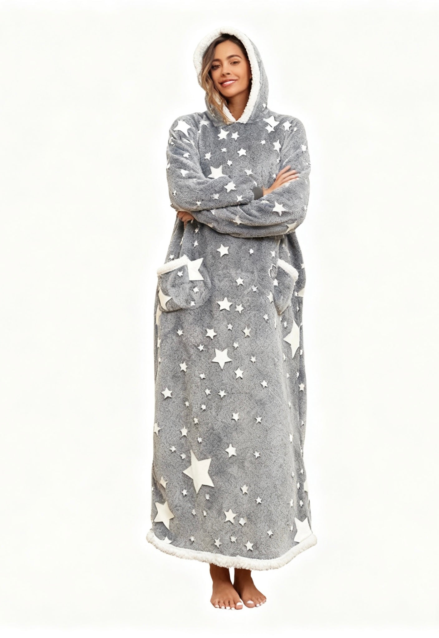 Oversized Wearable Hooded Blanket With Print Glow In The Dark Long Size Sherpa Warm Sweatshirt For Women