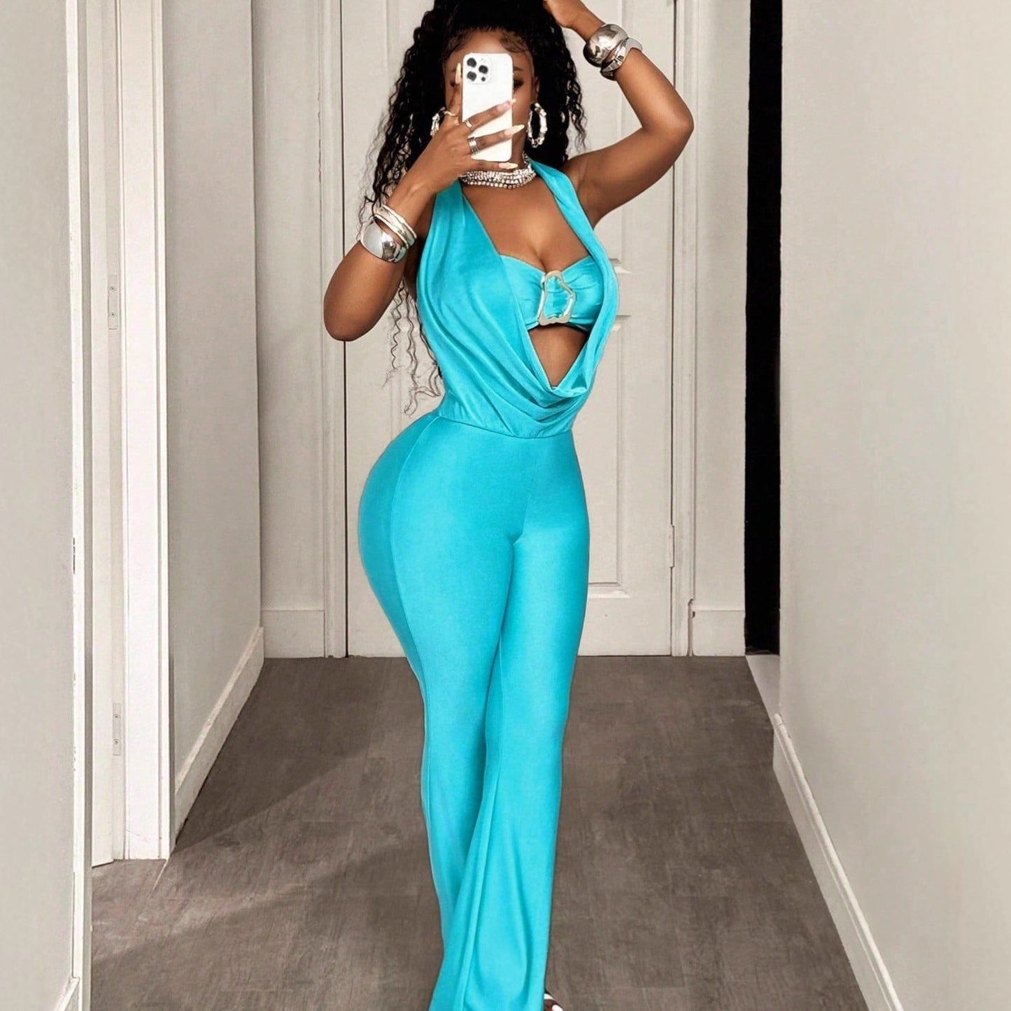 Women's Fashion Solid-Color High-Waist Sleeveless Halter Jumpsuit