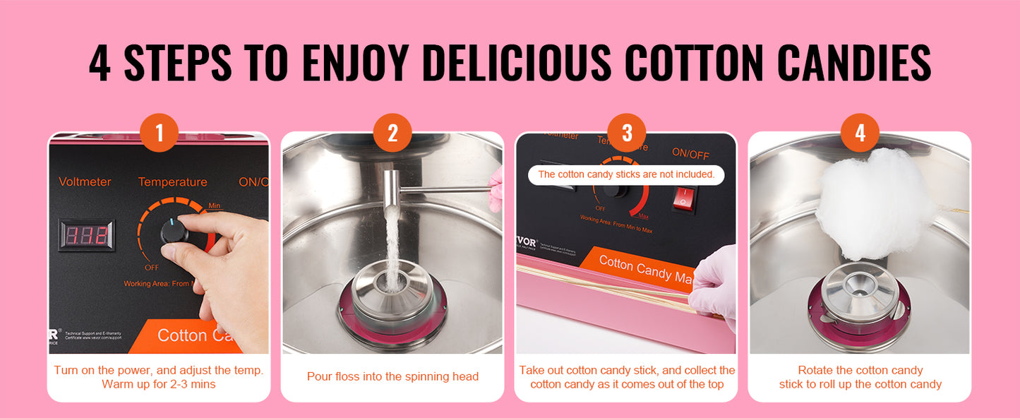 VEVOR Electric Cotton Candy Machine 1000W Candy Floss Maker Commercial Cotton Candy Machine Stainless Steel Bowl and Sugar Scoop
