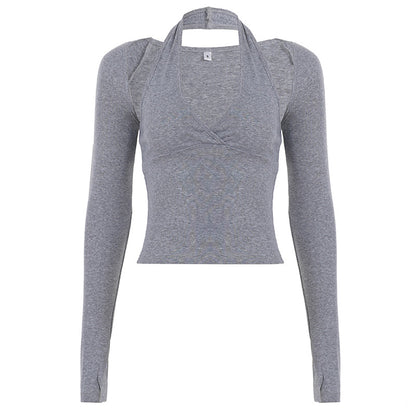 Women's Halterneck Waist-Cinching Camisole With Long Sleeves