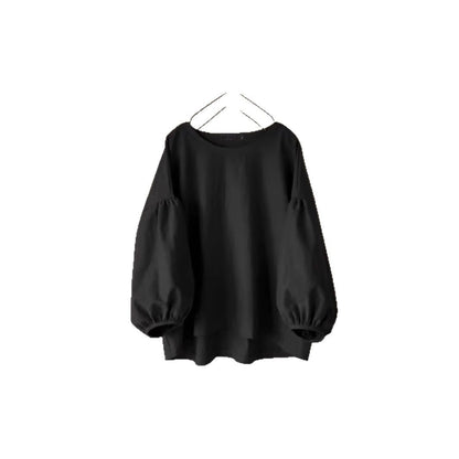 Women's Loose-fit Vintage Crew-neck Shirt With Puff Sleeves