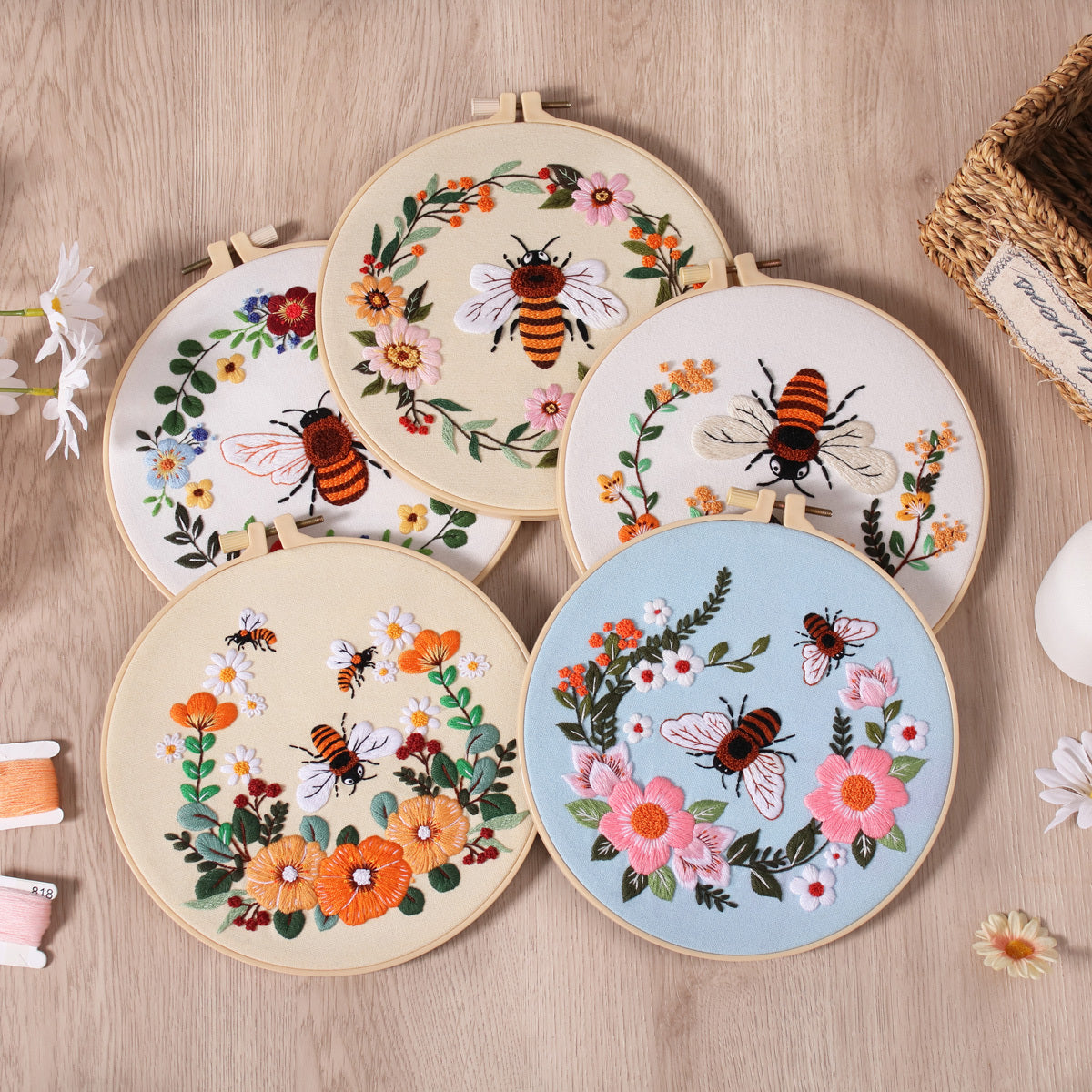 5set Embroidery Kit, Honeybee And Flowers, Include 1 Embroidery Hoop 7.9 Inch