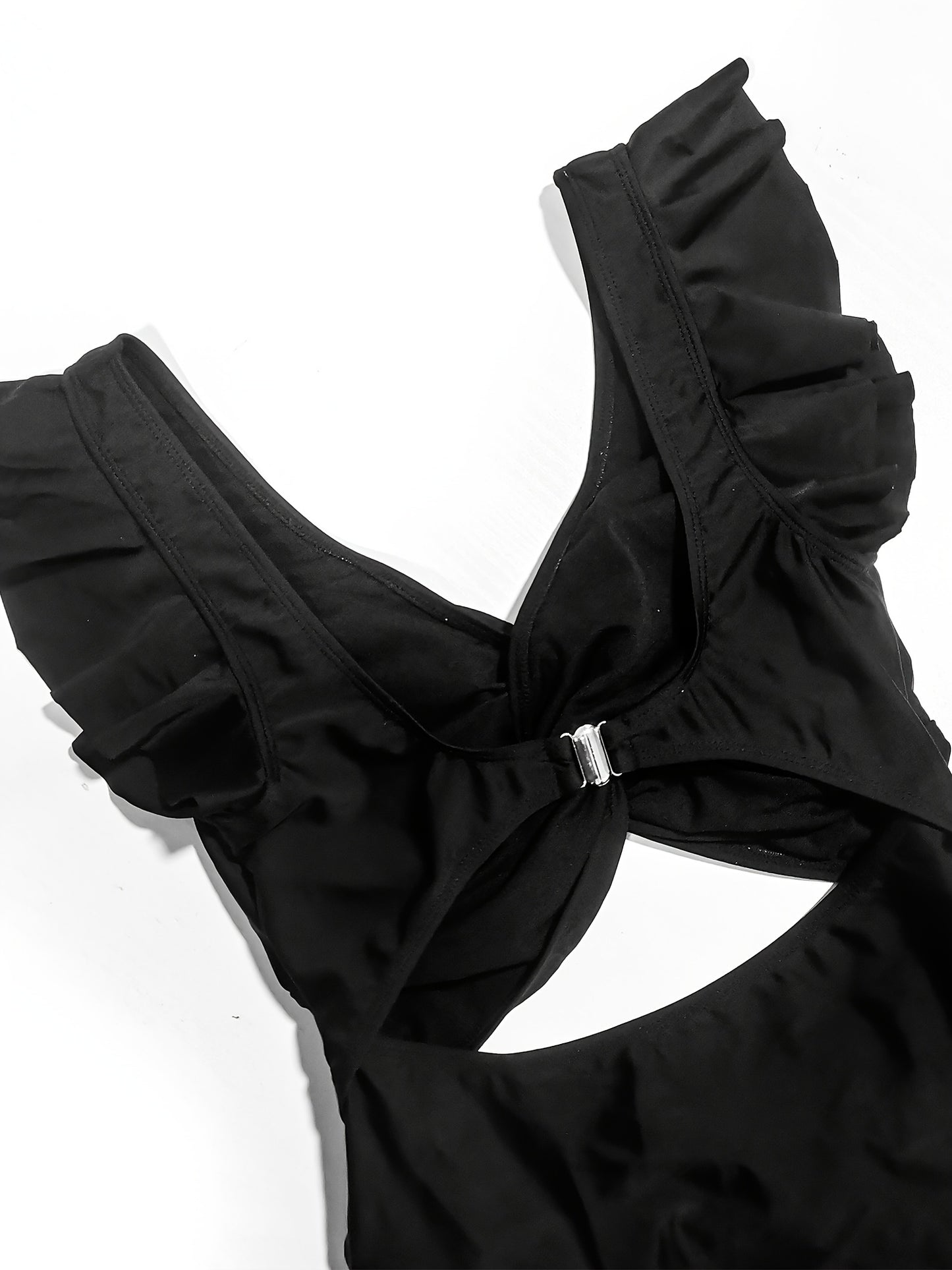 V Neck Ruched One Piece Swimsuit with Flattering Ruffle Accent - Stylish Cut Out Back Buckle Detail & High Cut Leg - Premium Womens Swimwear Bathing Suit