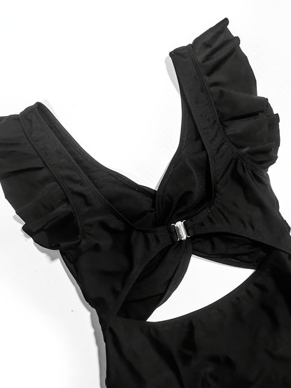 V Neck Ruched One Piece Swimsuit with Flattering Ruffle Accent - Stylish Cut Out Back Buckle Detail & High Cut Leg - Premium Womens Swimwear Bathing Suit