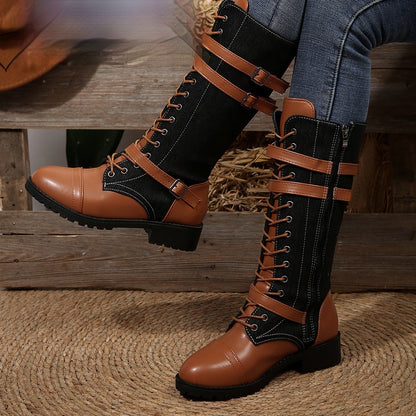 Round Toe Rivet Belt Buckle Square Heel Boots