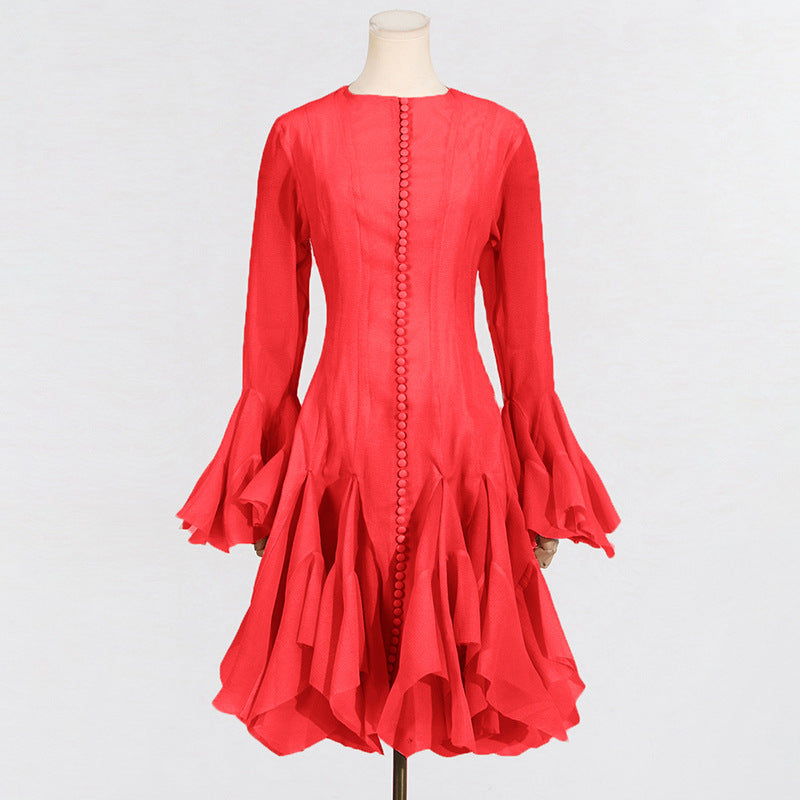 New Fashion High Collar Long Sleeve High Sense Cinched Mid-length Dress
