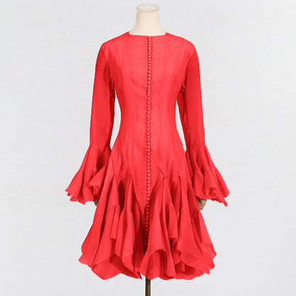 New Fashion High Collar Long Sleeve High Sense Cinched Mid-length Dress