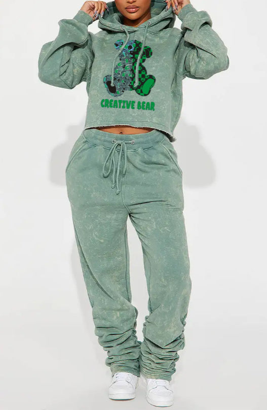 Casual Printed Hooded Short Sweatshirt Set