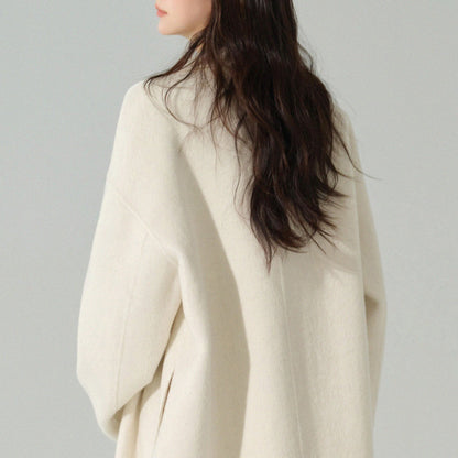 Double Breasted White Wool Coat For Women Autumn And Winter Double-sided Medium To Long Style