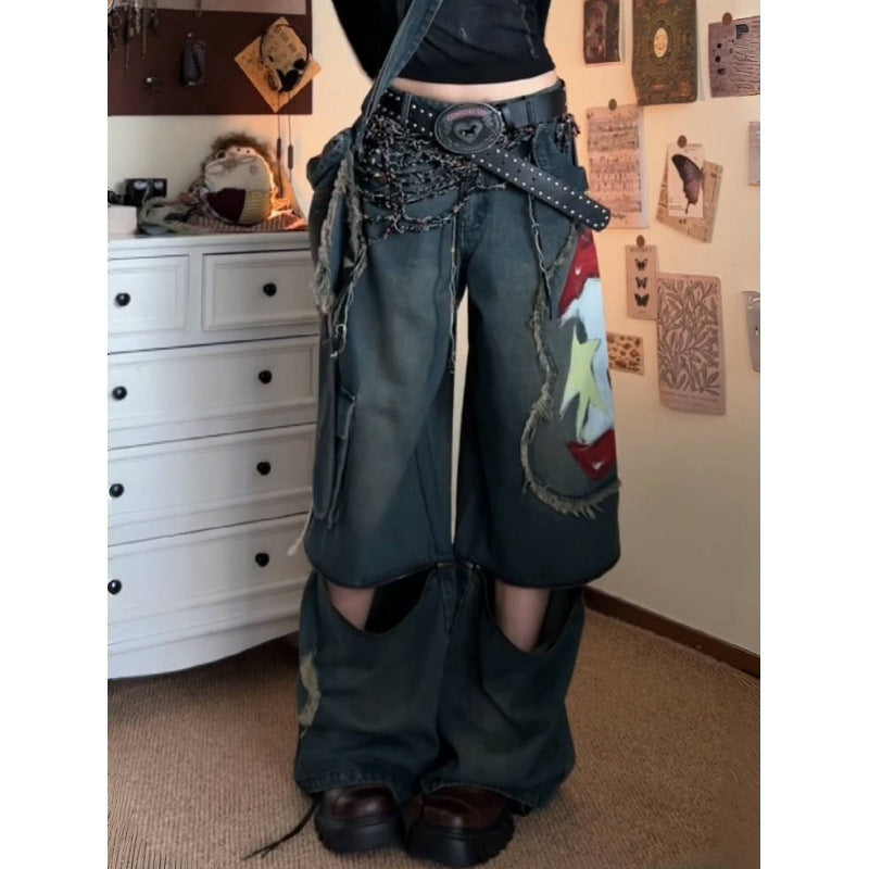 Street Wash Distressed Print Detachable Jeans Women Loose Slim Fit Draped Wide-leg Pants