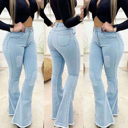 High Waist Bootcut Jeans for Women - Elastic Tassel Denim Trousers