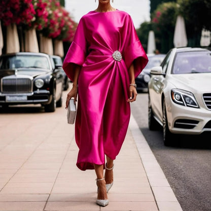 Elegant Commuter Design Sense Satin Long Dress For Women With Pearl Flower Decoration High Waist Irregular Skirt