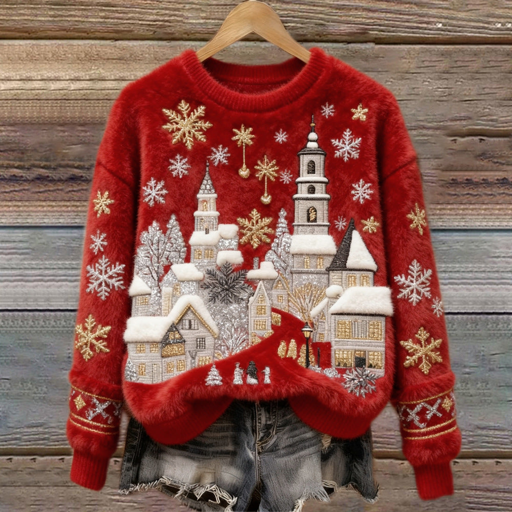 Women's Christmas Crew-neck Patterned Top