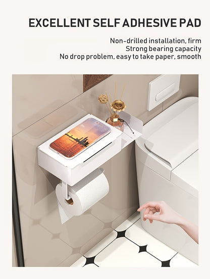 1pc Wrought Iron Bathroom Tissue Holder with Shelf - Self-Adhesive Wall Mounted Toilet Paper Roll Dispenser, Non-Drilling Installation, Multi-Functional Storage for Wet Wipes and Phone, Home Decor