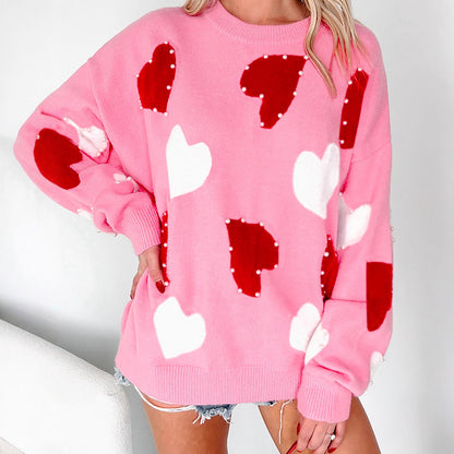 Women's Fashionable And Versatile Heart-Print Crew-Neck Knitted Top