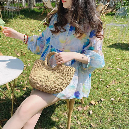 Doll-collar Top Summer New Arrival Loose-fit Vintage Puff-sleeve Blouse