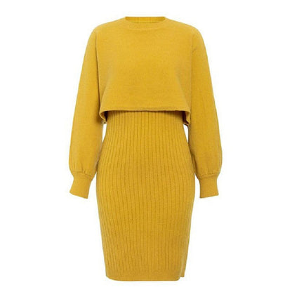 Solid Color Long-sleeved Knitted Sweater Dress