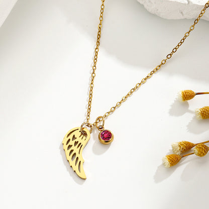 Golden Hollowed Angel Wings Pendant Necklace With Birthstone For Each Month