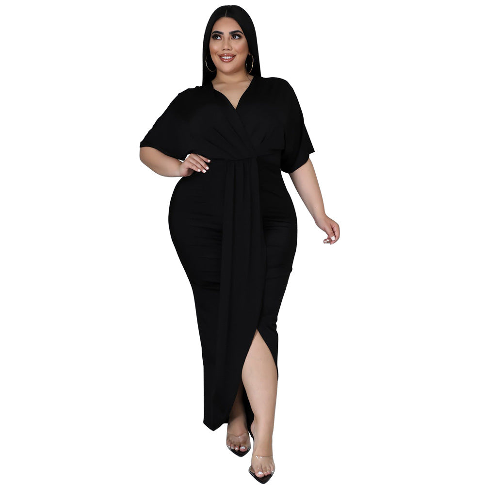 Women's Fashion Plus-Size Irregular Long-Sleeve V-Neck Dress